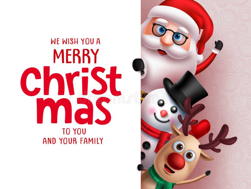 Christmas santa vector greeting template. Santa claus, snow man and reindeer characters holding merry christmas greeting text.
