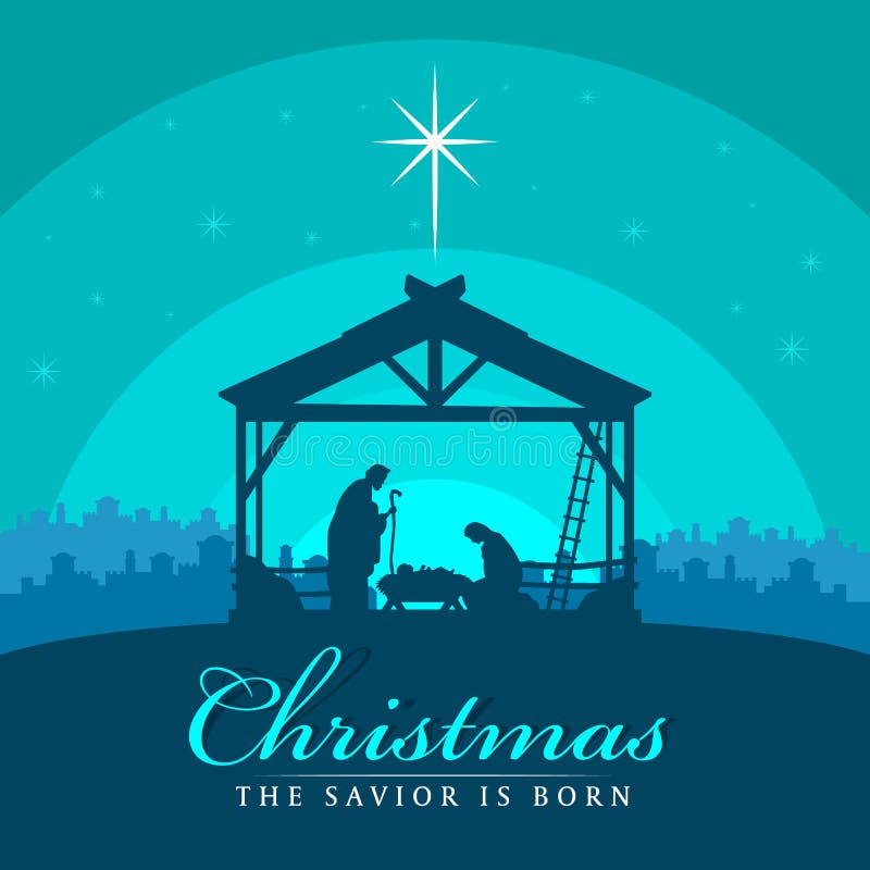 Christmas the savior is born banner sign with Nightly christmas scenery mary and joseph in a manger with baby Jesus vector design royalty free illustration Christmas the savior is born banner sign with Nightly christmas scenery mary and joseph in a manger with baby Jesus vector design royalty free illustration