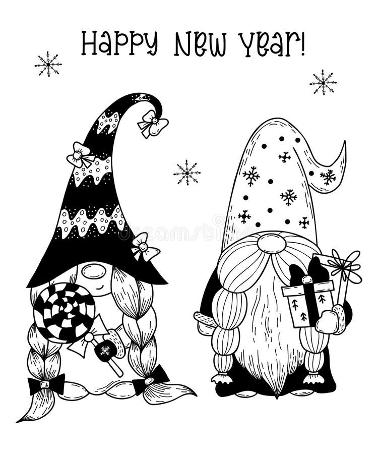 Christmas Scandinavian gnomes. New year gnome with gifts and girl gnome with lollipop. Vector illustration. Doodle hand