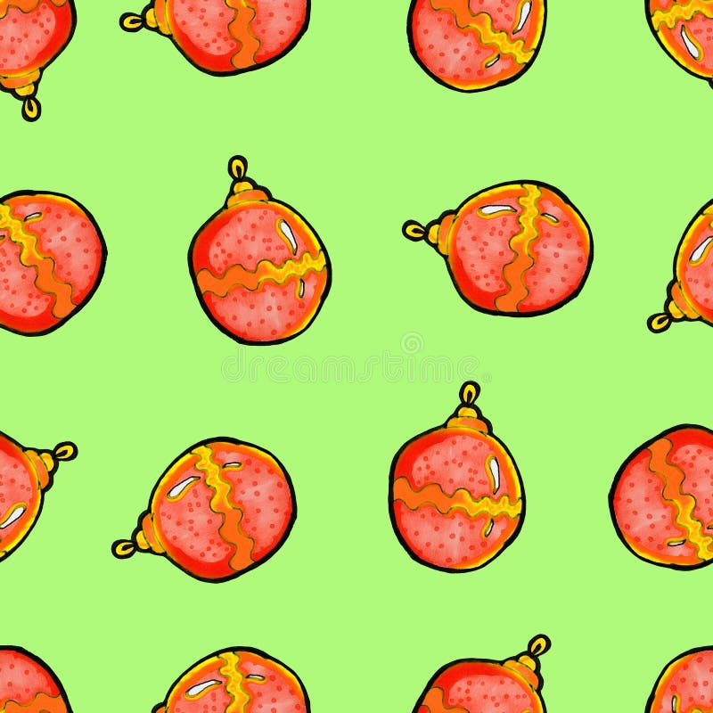 Christmas seamless pattern drawn by hand. Red New Year's ball on a green background. Happy New Year stock illustration Christmas seamless pattern drawn by hand. Red New Year's ball on a green background. Happy New Year stock illustration