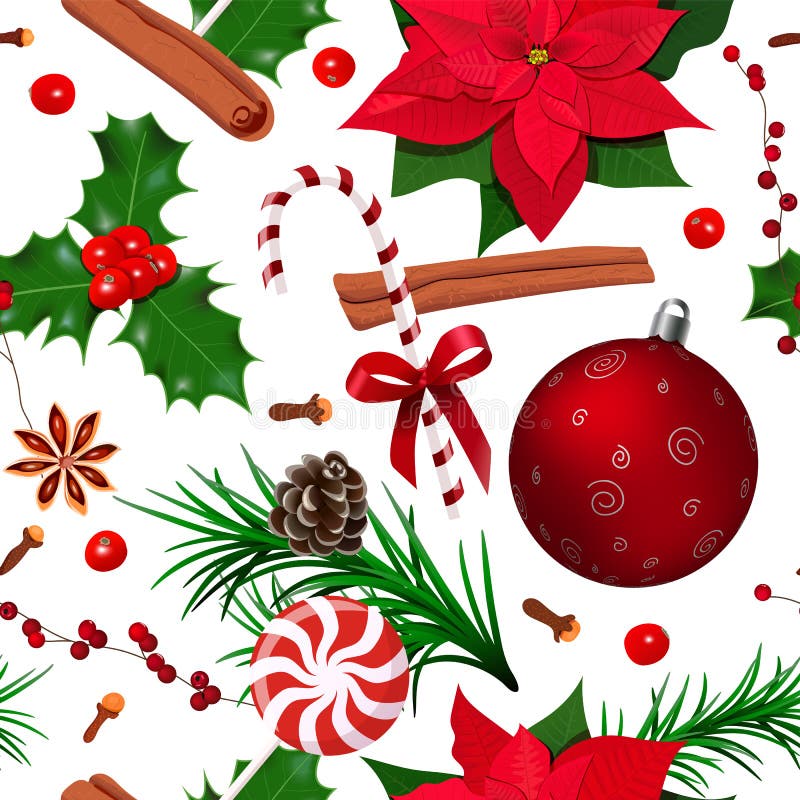 Christmas seamless pattern. Holly, Poinsettia, cone, star anise, cinnamon, Candy cane, cloves, fir branches, christmas ball