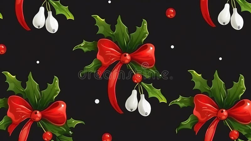 Christmas seamless pattern with mistletoe and bow on black background. New Year concept. Seamless bow stock images, royalty-free photos and pictures