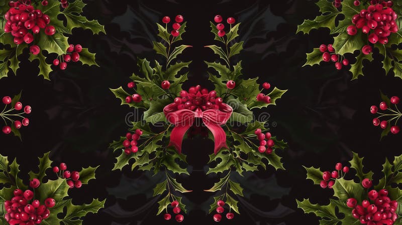 Christmas seamless pattern with mistletoe and bow on black background. New Year concept. Seamless bow stock images, royalty-free photos and pictures