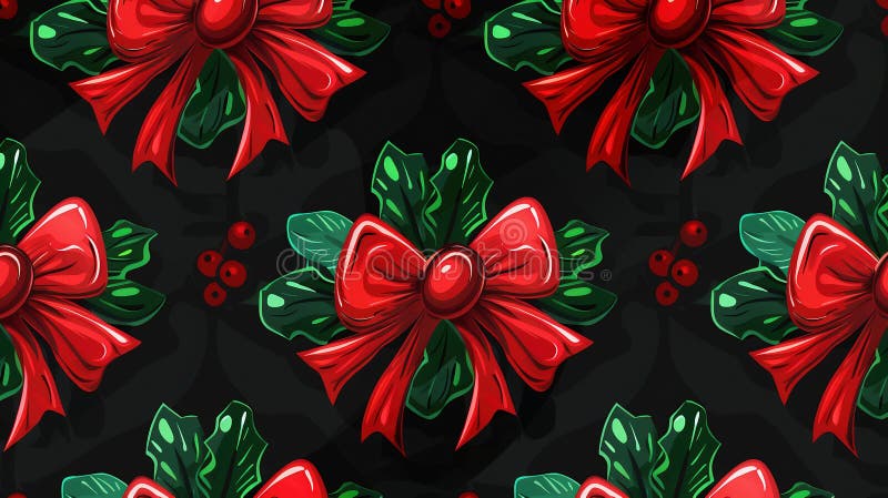 Christmas seamless pattern with mistletoe and bow on black background. New Year concept. Seamless bow stock images, royalty-free photos and pictures