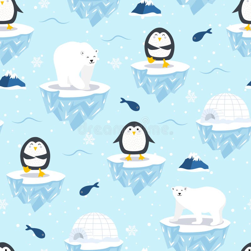 Christmas seamless pattern with penguin on ice floe background, Winter pattern with polar bear, wrapping paper, winter greetings