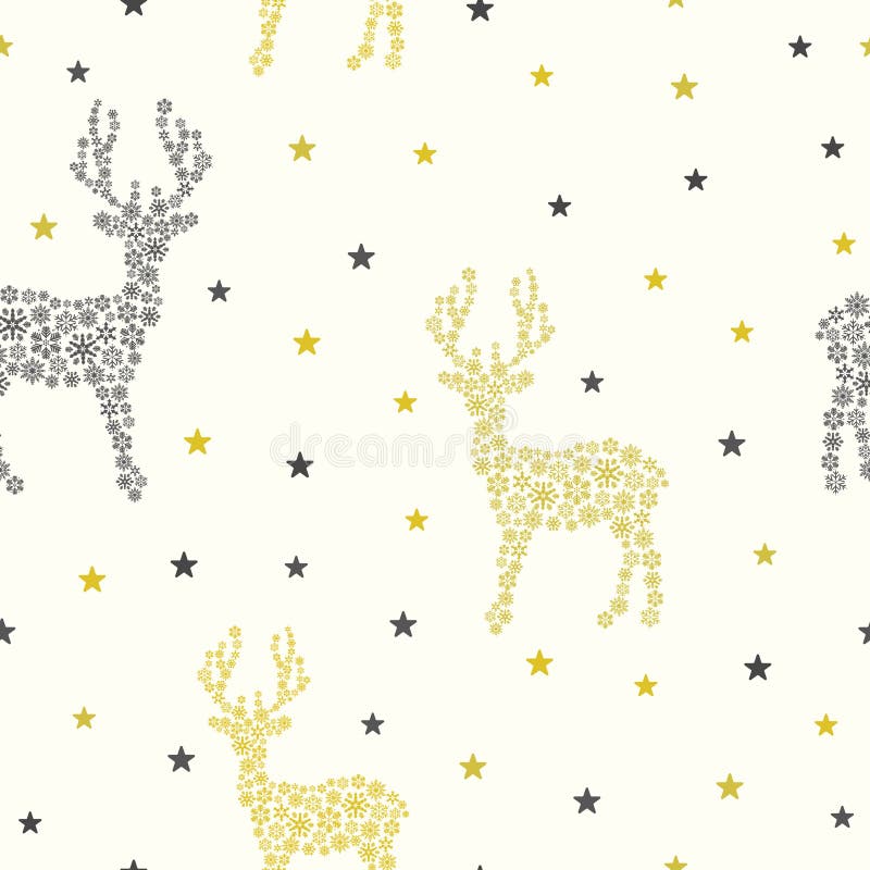 Christmas seamless pattern with snowflakes in the shape of reindeer and stars.