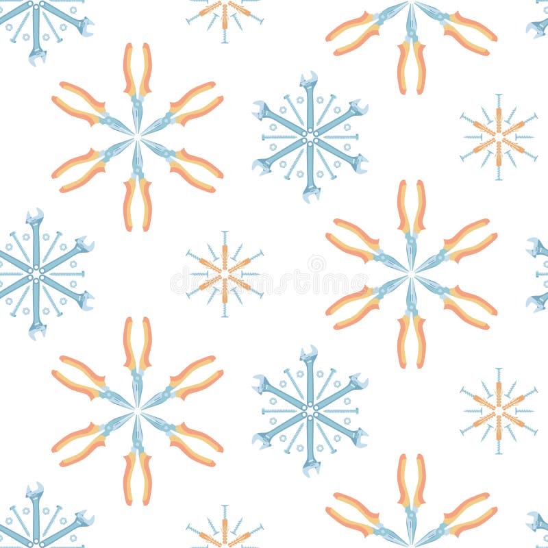 Christmas seamless pattern of tools and fasteners laid out in the shape of snowflakes. Vector background