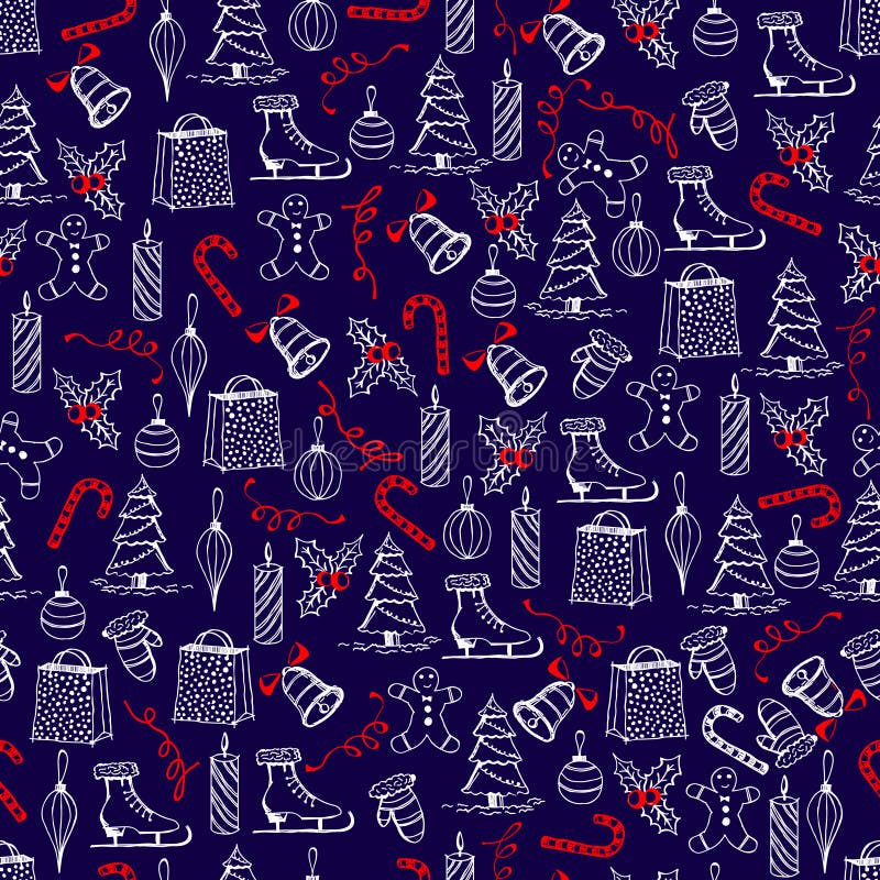 Christmas Seamless Texture with the Christmas Objects Made in thehand
