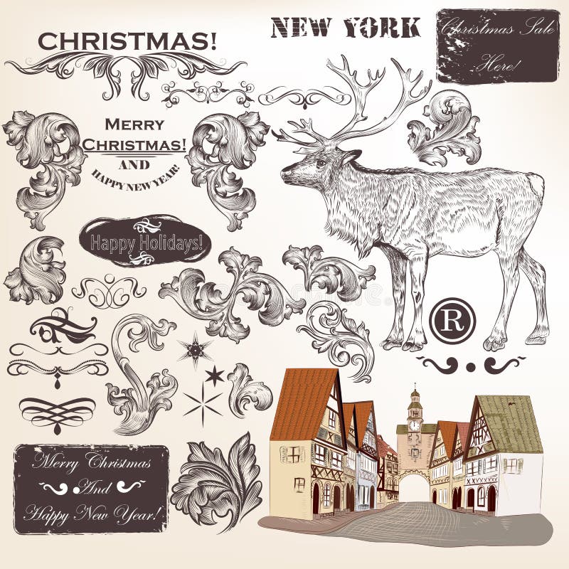 Christmas set of calligraphic vintage elements, swirls and other