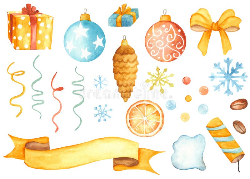 Christmas set of Christmas toys, gifts, party poppers, serpentines, balls, ribbons. stock illustration Christmas set of Christmas toys, gifts, party poppers, serpentines, balls, ribbons. stock illustration