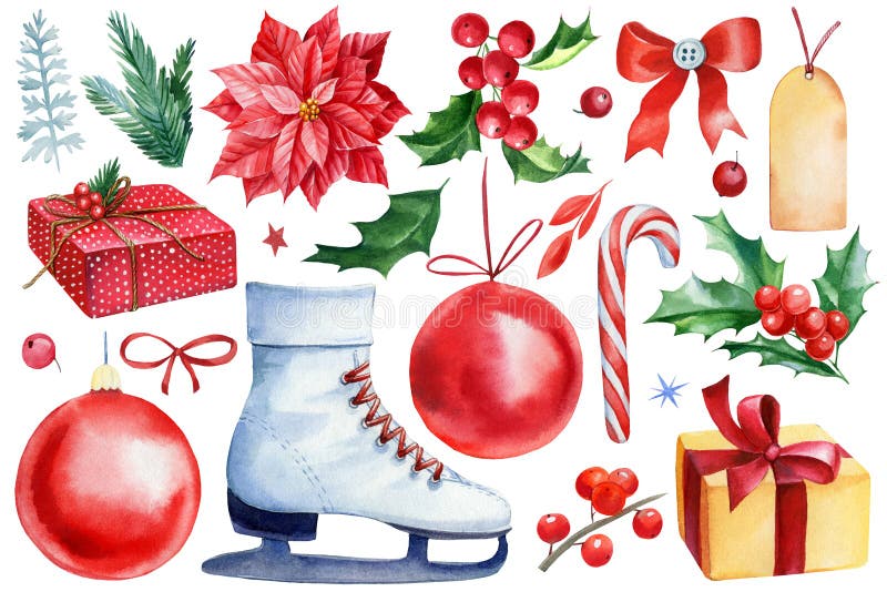 Christmas set of elements on white isolated background, ball, bow, skates, holly, poinsettia Watercolor illustration.