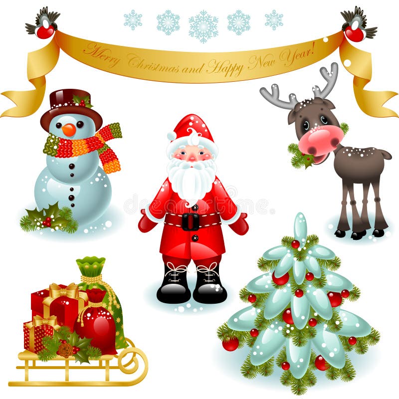 Christmas set. Santa claus with gifts and tree