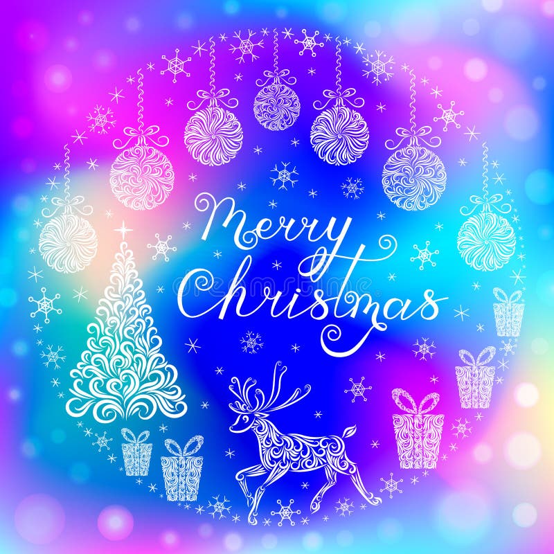 Christmas set: Christmas tree, Christmas balls, reindeer, gifts, snowflakes against the backdrop of the northern lights. royalty free illustration Christmas set: Christmas tree, Christmas balls, reindeer, gifts, snowflakes against the backdrop of the northern lights. royalty free illustration