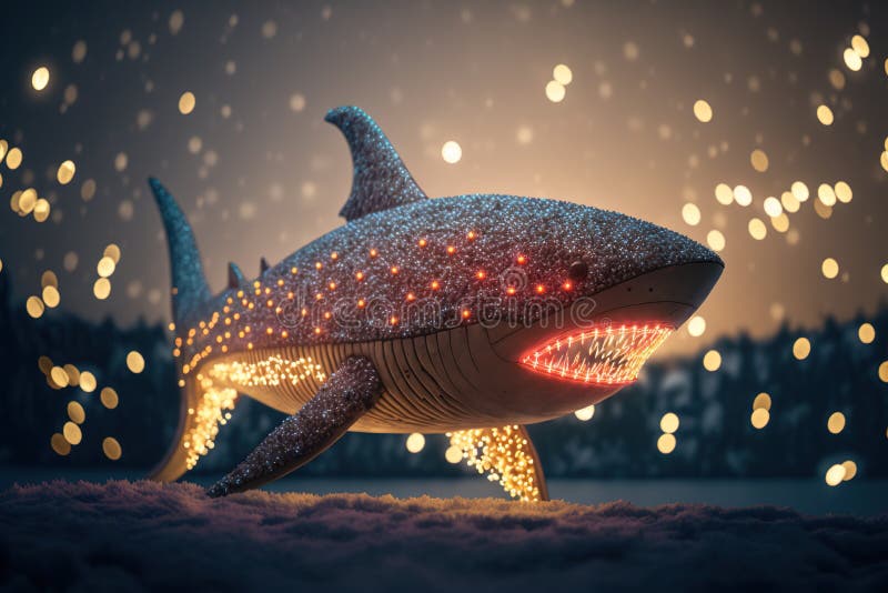 Christmas Shark Covered in Glowing Lights. Generative AI Stock