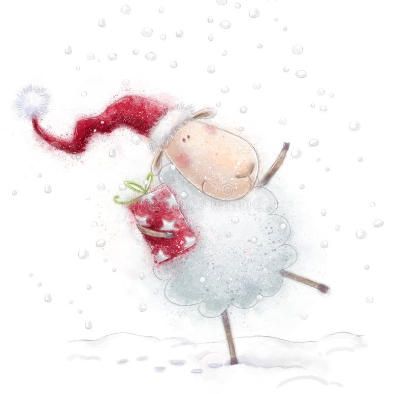 Christmas sheep.Cute sheep with the gift in Santa hat on snow background. Christmas greeting card. Happy New Year.