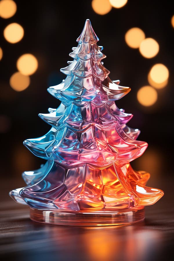 Christmas shiny tree from colorful glass and abstract bokeh lights on black background. Winter desing for card, print, backdrop AI generated