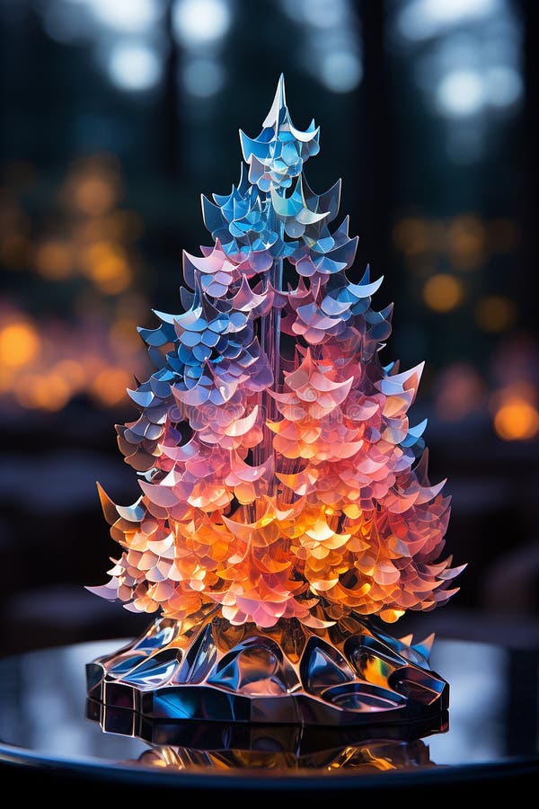 Christmas shiny tree from colorful glass and abstract bokeh lights on black background. Winter desing for card, print, backdrop AI generated