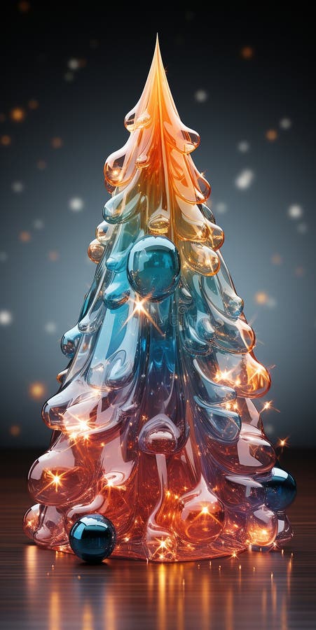 Christmas shiny tree from colorful glass and abstract bokeh lights on black background. Winter desing for card, print, backdrop AI generated