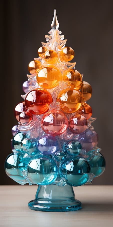 Christmas shiny tree from colorful glass and abstract bokeh lights on black background. Winter desing for card, print, backdrop AI generated