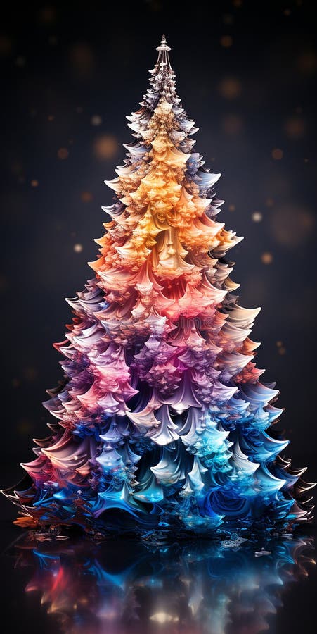 Christmas shiny tree from colorful glass and abstract bokeh lights on black background. Winter desing for card, print, backdrop AI generated