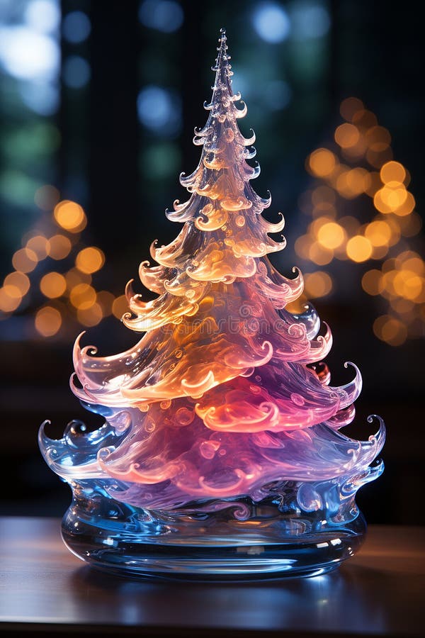 Christmas shiny tree from colorful glass and abstract bokeh lights on black background. Winter desing for card, print, backdrop. AI generated