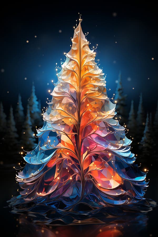 Christmas shiny tree from colorful glass and abstract bokeh lights on black background. Winter desing for card, print, backdrop AI generated