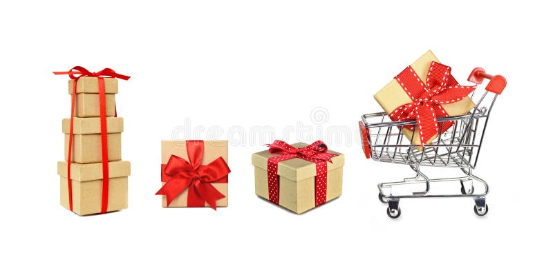 Christmas shopping cart and gifts isolated on white stock images Christmas shopping cart and gifts isolated on white stock images