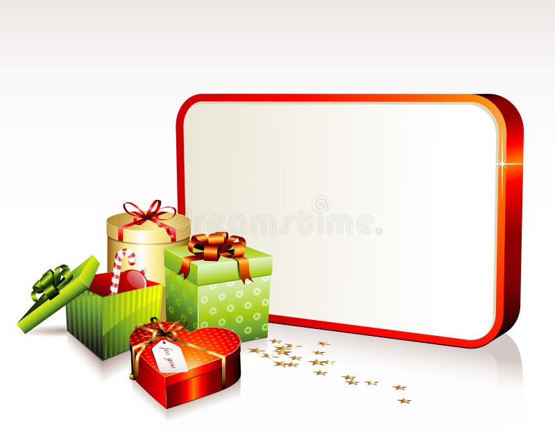 3d sign with gift boxes and golden starshaped confetti. Shaped gift vectors