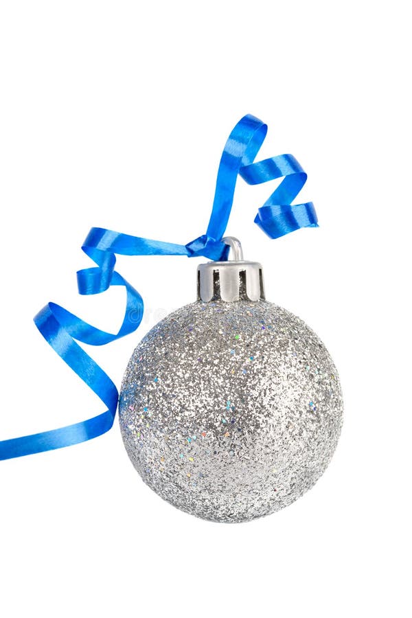 Christmas silver ball with blue ribbon