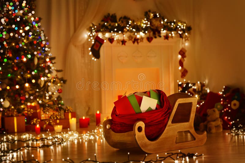 Christmas Sleigh With Bag, Sledge Sack Full Xmas Letters Mails stock image Christmas Sleigh With Bag, Sledge Sack Full Xmas Letters Mails stock image