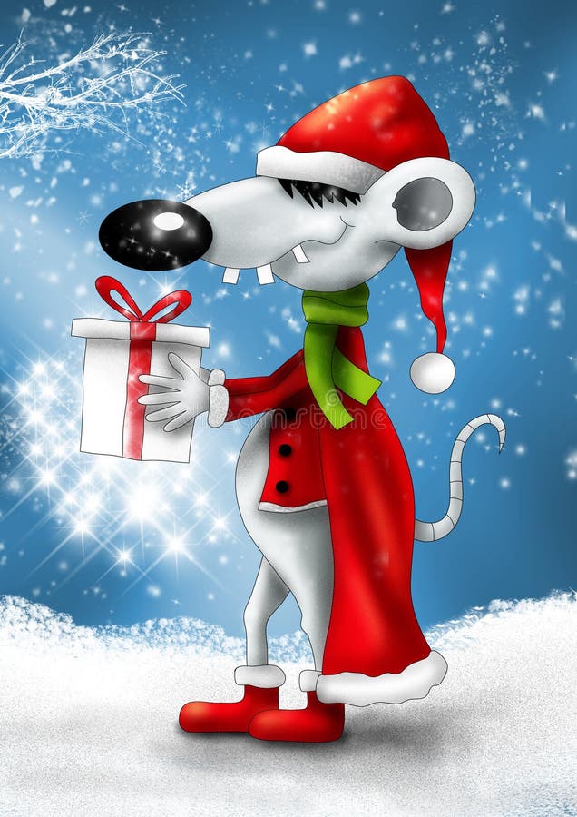 Christmas smiling cartoon mouse with gift royalty free illustration Christmas smiling cartoon mouse with gift royalty free illustration