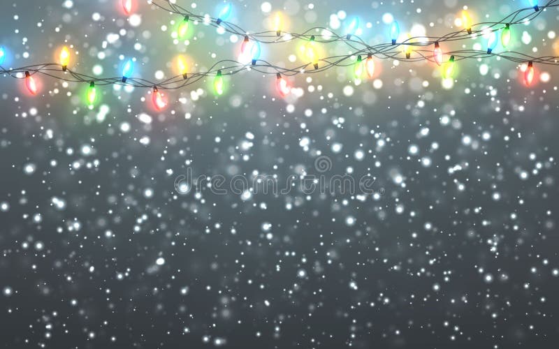 Christmas snow. Falling white snowflakes on dark background. Xmas Color garland, festive decorations. Glowing christmas lights.
