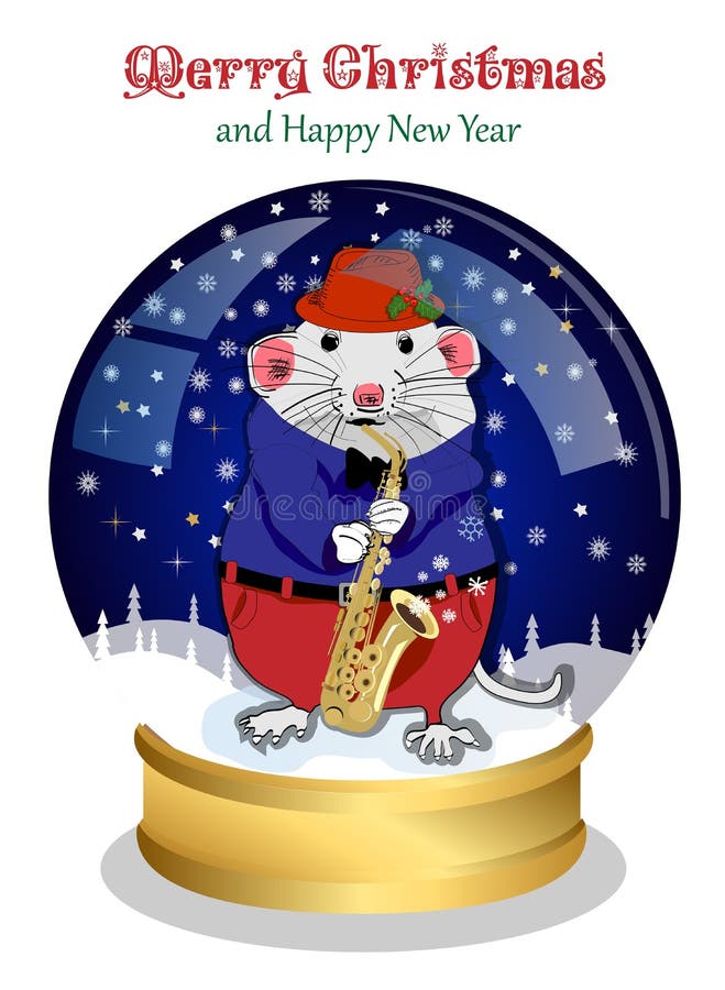 Christmas snow globe. Funny Christmas mouse plays a musical instrument and congratulates on the holidays. stock illustration Christmas snow globe. Funny Christmas mouse plays a musical instrument and congratulates on the holidays. stock illustration