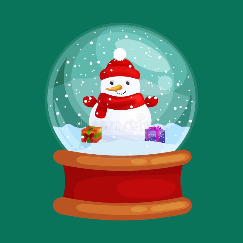 Christmas snowman holding present in globe glass for xmas, winter holiday decoration, white snowman in hat and scarf for