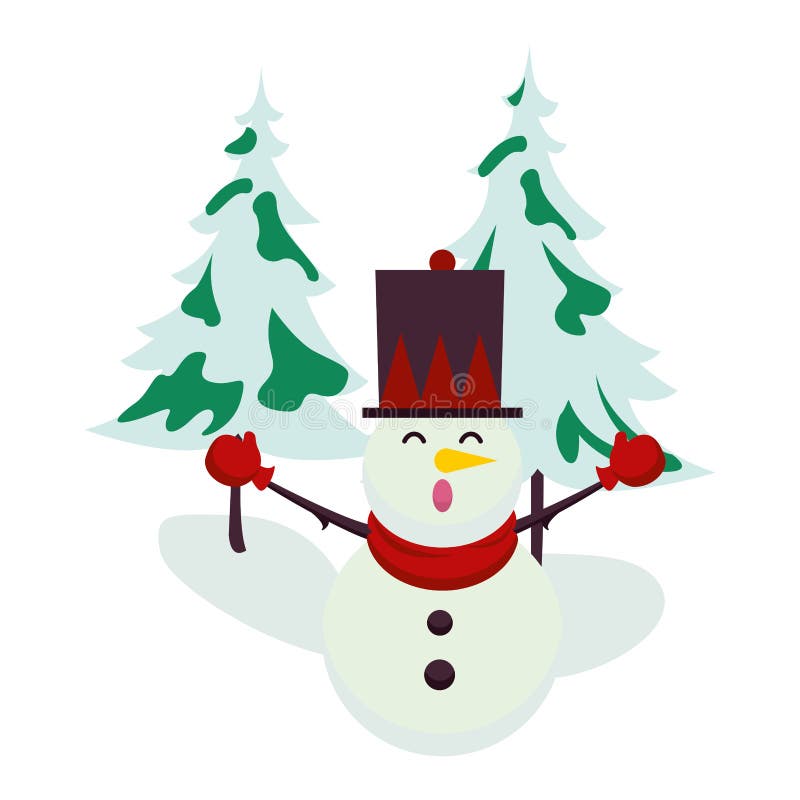 Christmas snowman with pines trees character royalty free illustration
