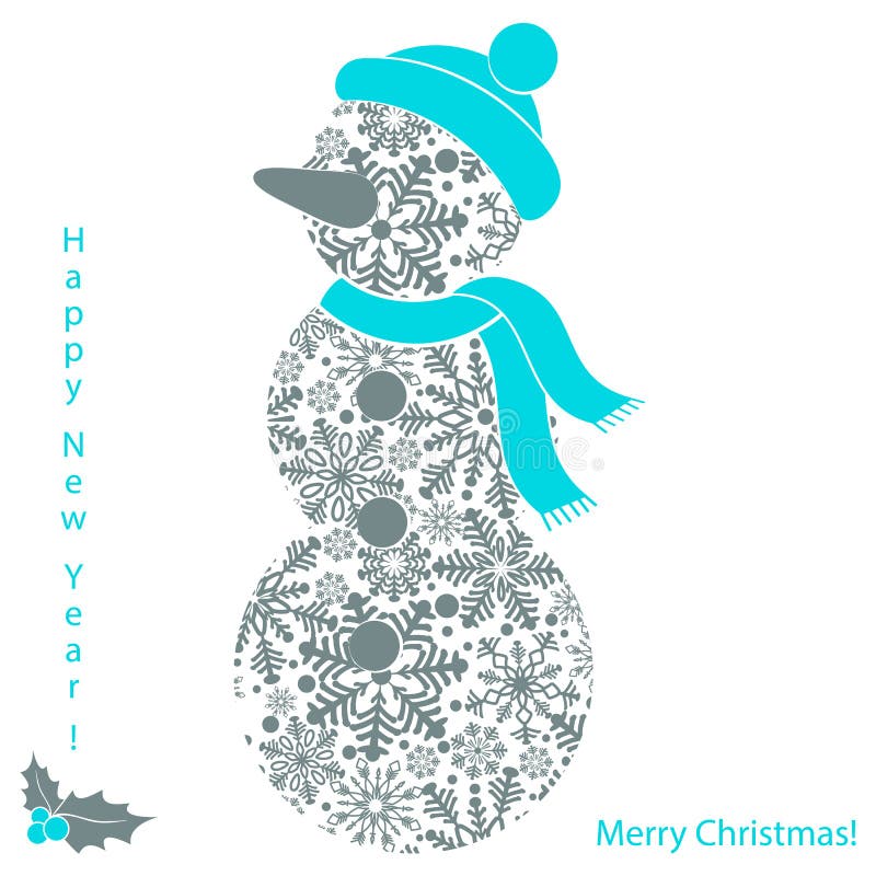 Christmas snowman of snowflakes isolated on white background, new year card