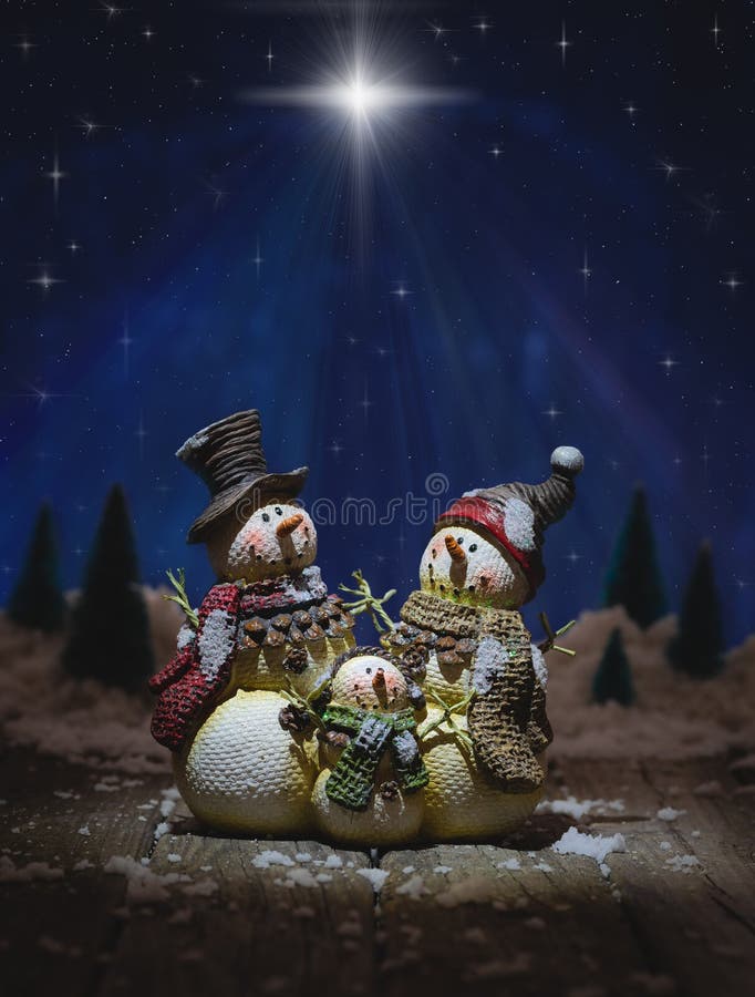Christmas Snowmen Under Starry Night Sky Stock Image - Image of cold, copy:  163470649
