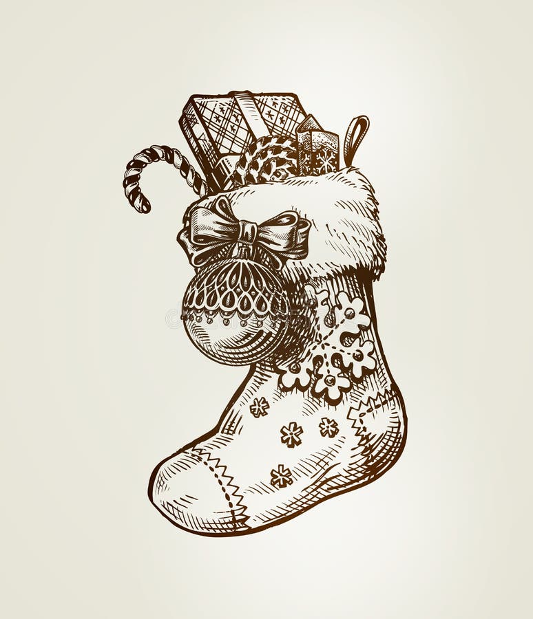 Christmas sock with gifts. Sketch vector illustration