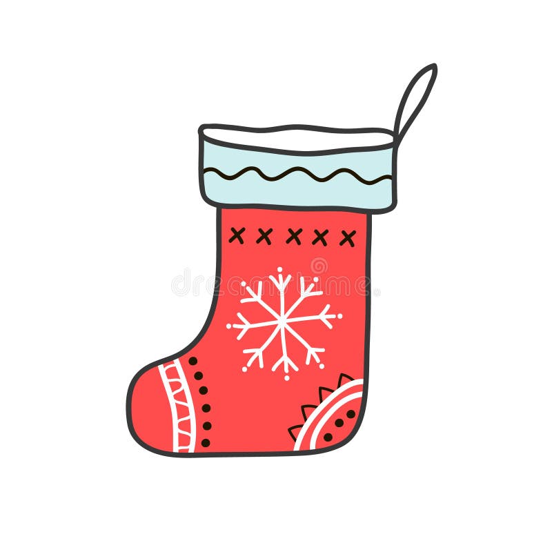 Gift Sock Drawing. Vector Linear Freehand Drawing in Doodle Style Stock