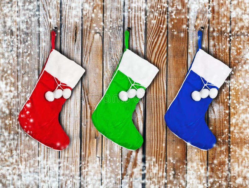 Christmas Socks Hanging on a Wooden Wall Stock Image Image of sock Socks Hanging Christmas