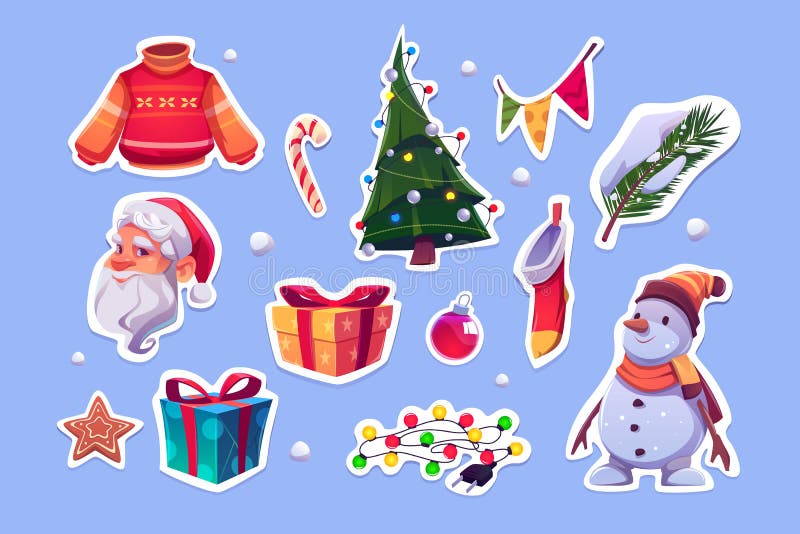 Christmas stickers with Santa Claus and pine tree vector illustration