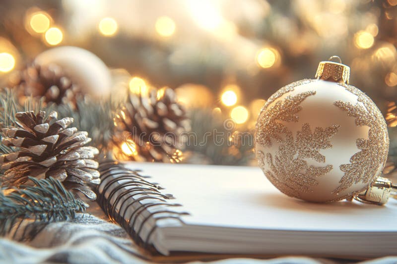 'christmas still life'-konceptet med vit xmas-dekoration och en tom bärbar dator på guldbh-ljusbakgrund. Aaiberberus royaltyfri illustrationer