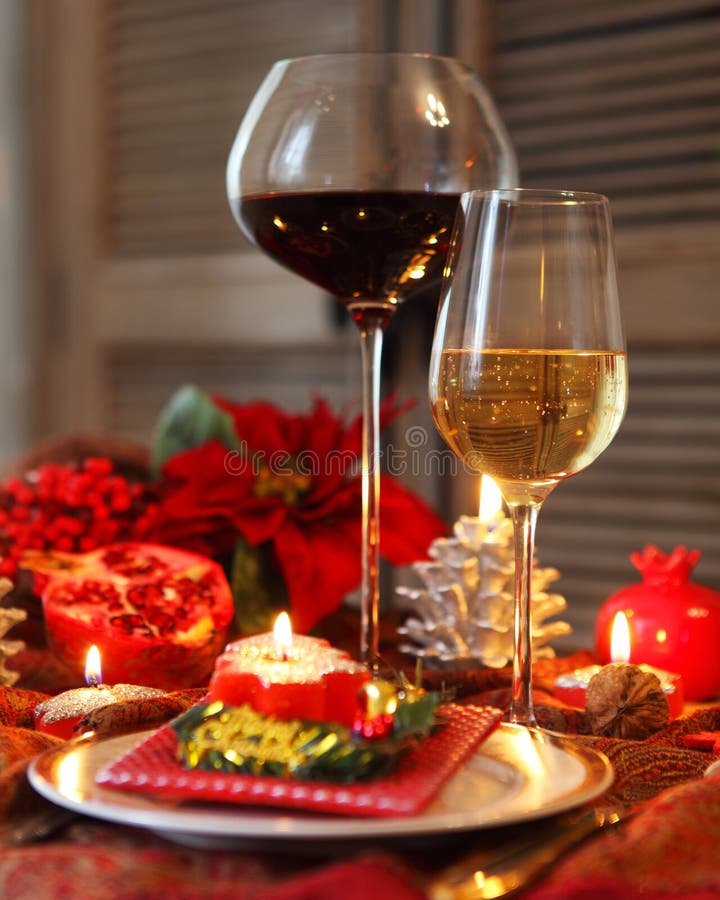 Christmas still life with white and red wine