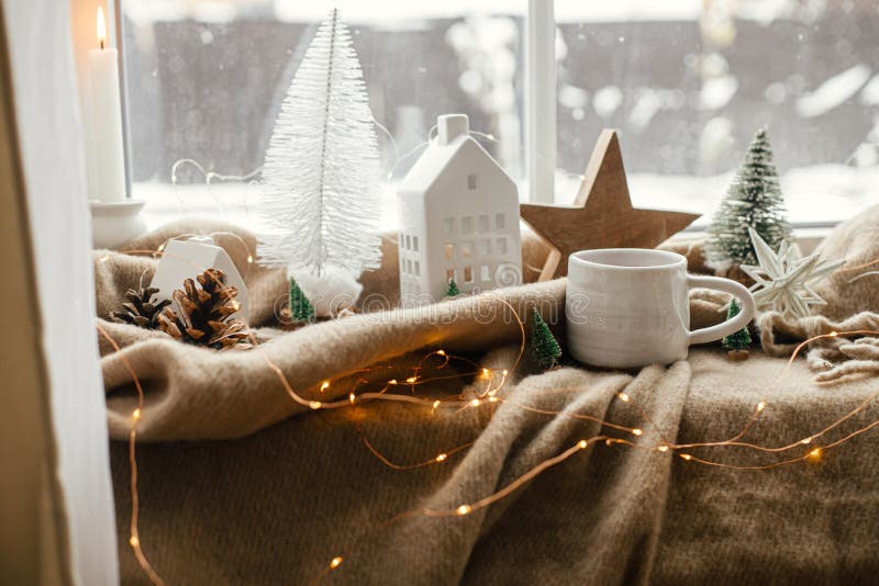 Christmas Still Life, Winter Hygge Home. Warm Cup of Tea, Christmas