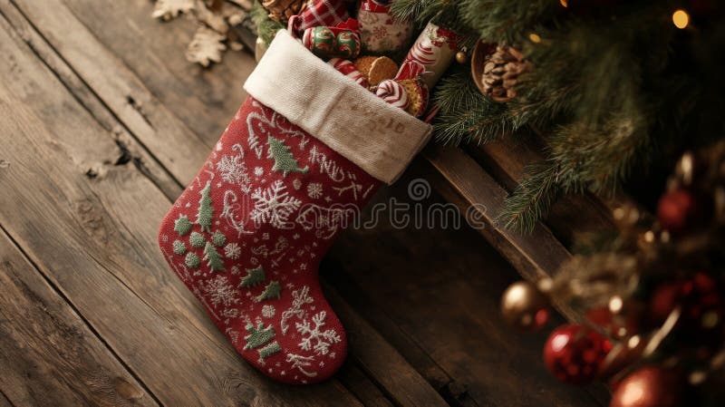 Christmas Stocking Filled with Treats Underneath a Tree vector illustration
