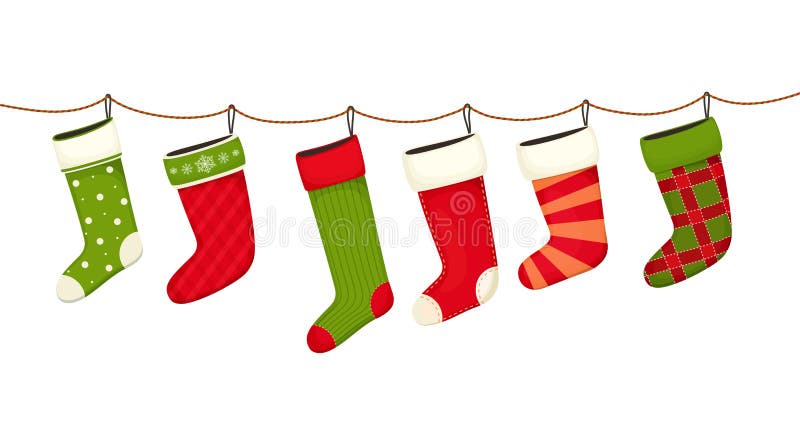 Christmas stockings. Hanging New year decorations for gifts.