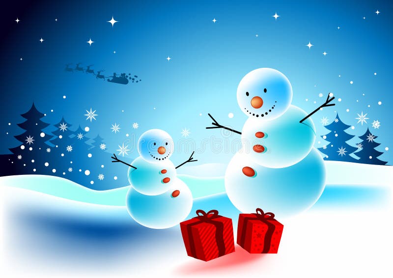 Vánoční sněhuláci s dárky v zimní scény.