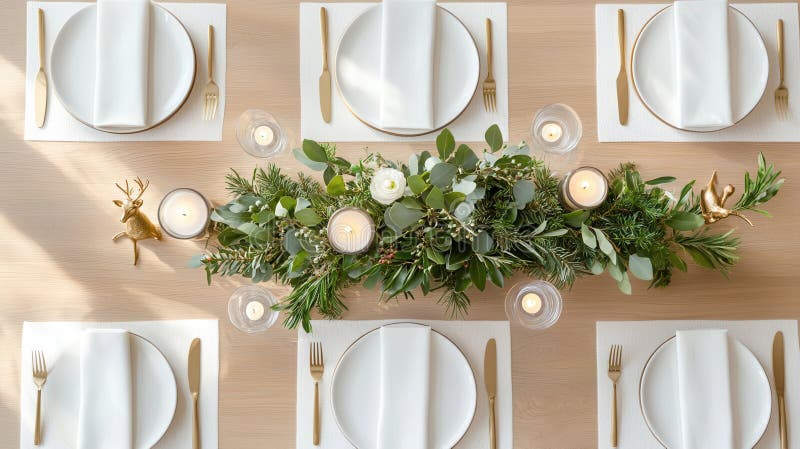 Christmas table adorned with greenery, white blooms, candlelight, golden elegance figurines, generating warm holiday reindeer royalty free stock photo