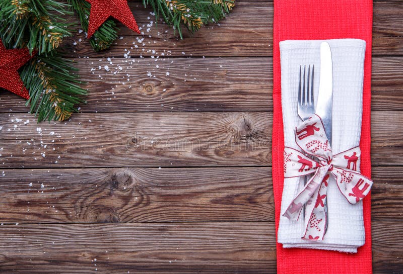 Christmas Table Place Setting with Fork and Knife, Decorated Ribbon and ...