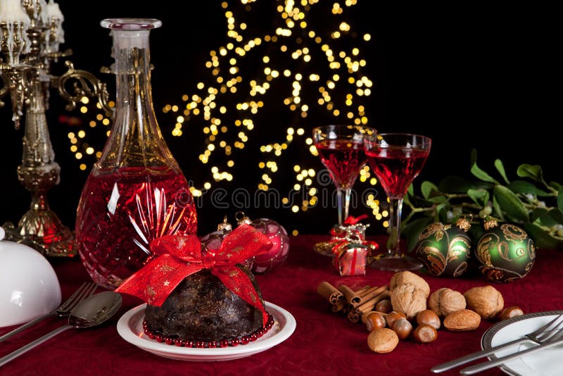 Christmas table with plum pudding